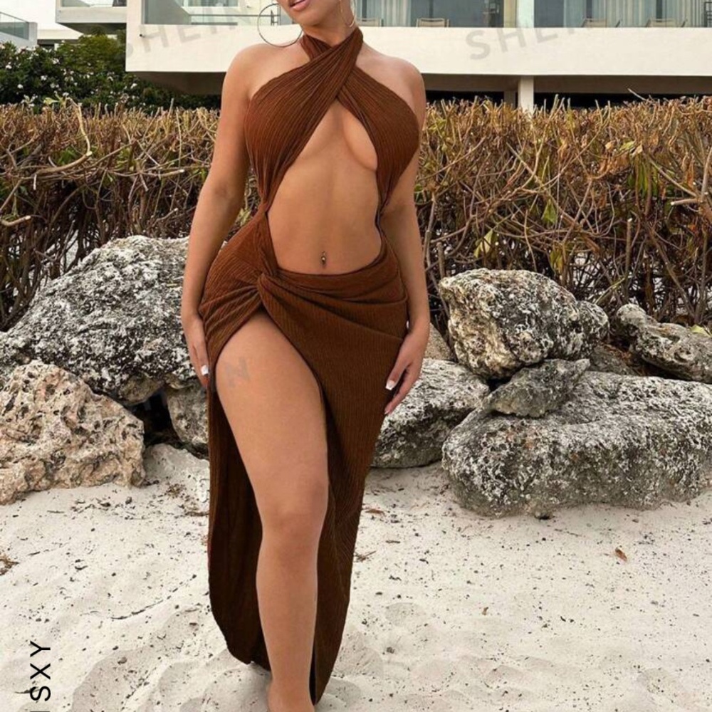 Brown twist front cut dress